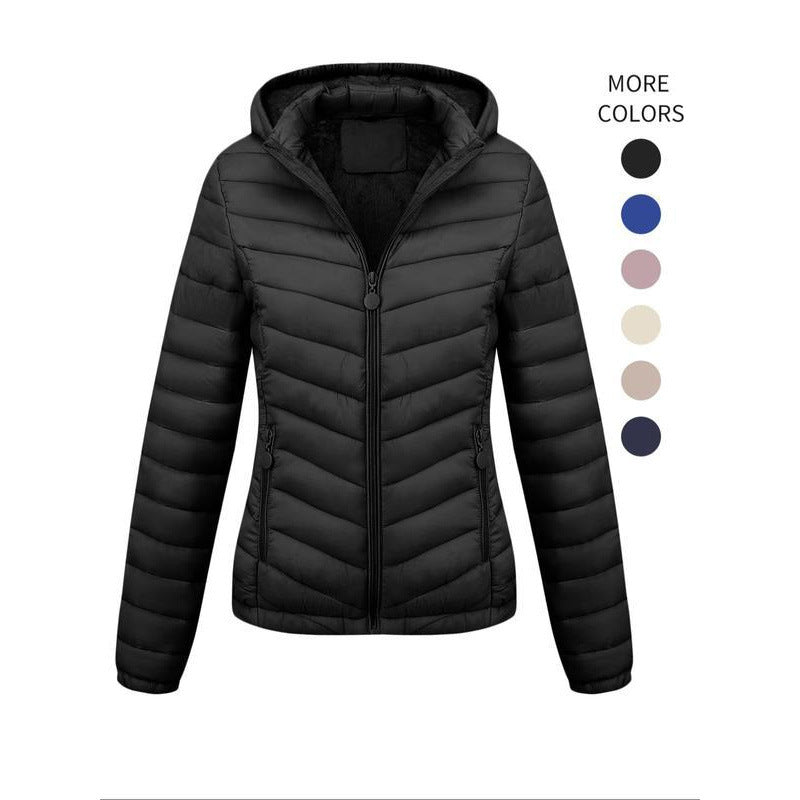 Color: BLACK, Size: XXL - Women's Solid-Color Zippered Hooded Winter Coat Jacket Casual