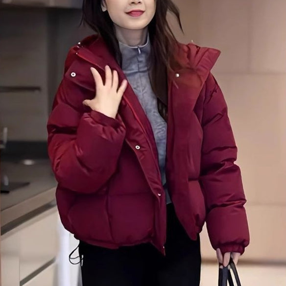 Color: Wine Red, Size: L - Winter Korean-style Cropped Hooded Cotton Jacket