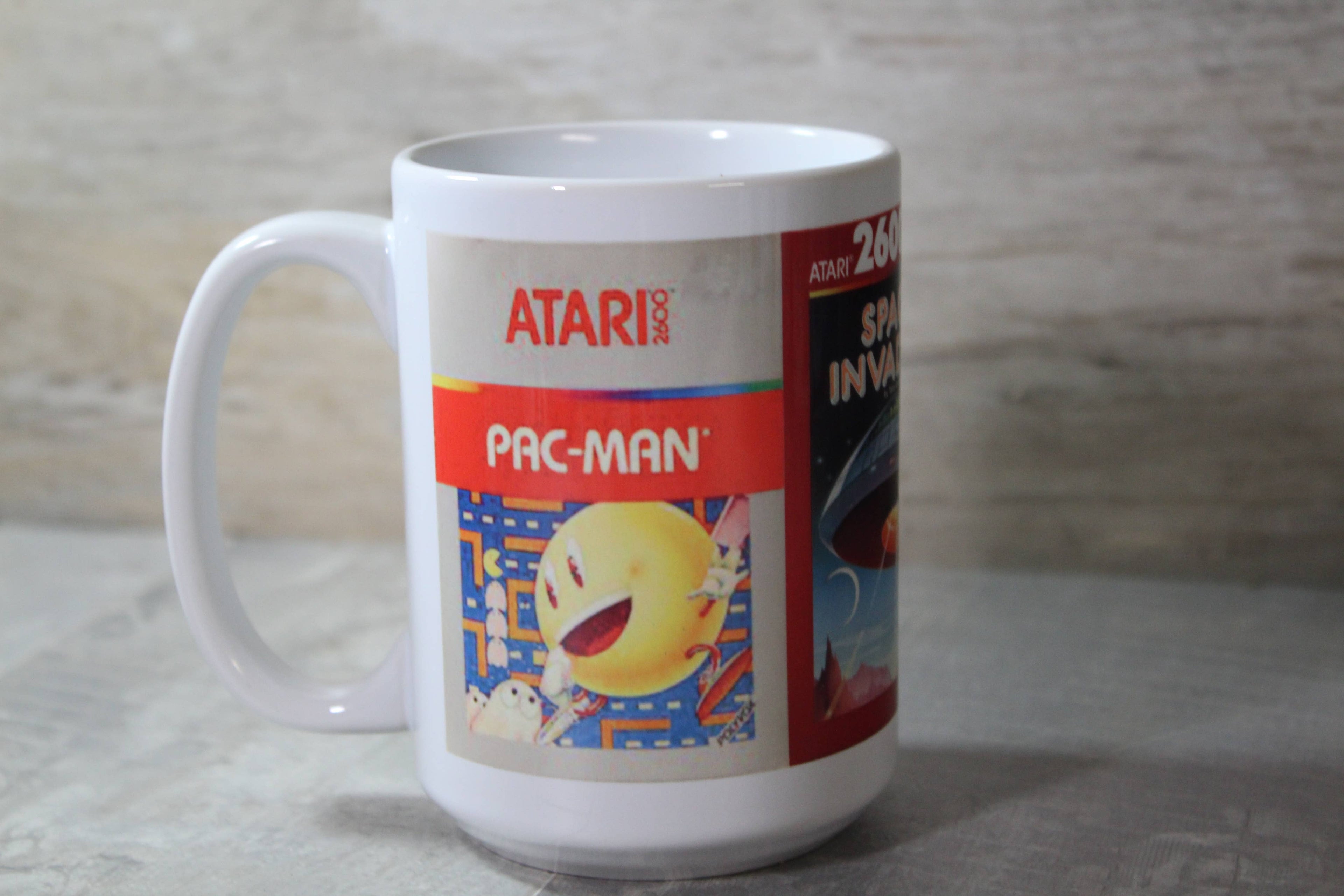 Retro Gaming Pacman, Space Invaders // 15 Oz. Ceramic Mug: Black Handle