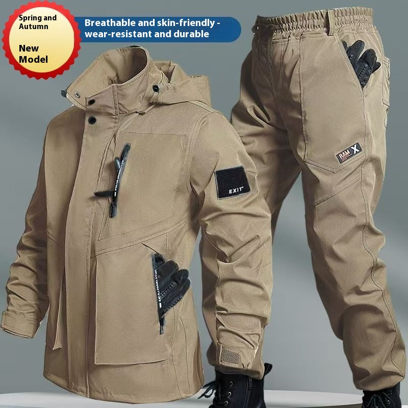 Color: 968 Suit Khaki, Size: 170 - Autumn And Winter Fleece-lined Waterproof Jacket Suit