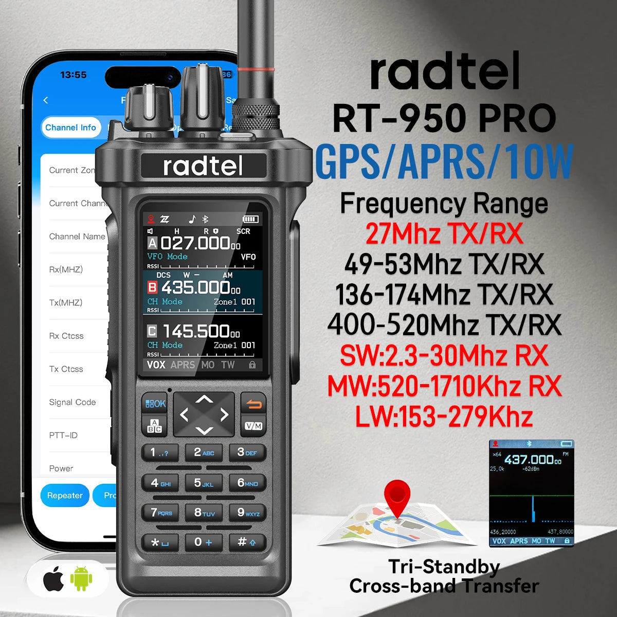 Plug Type: EU - Radtel RT-950 PRO Walkie Talkie AM/FM/CB/LSB/USB/CW Receiver with GPS APRS 10W Bluetooth Phone Programming Ham Radio RT-950PRO