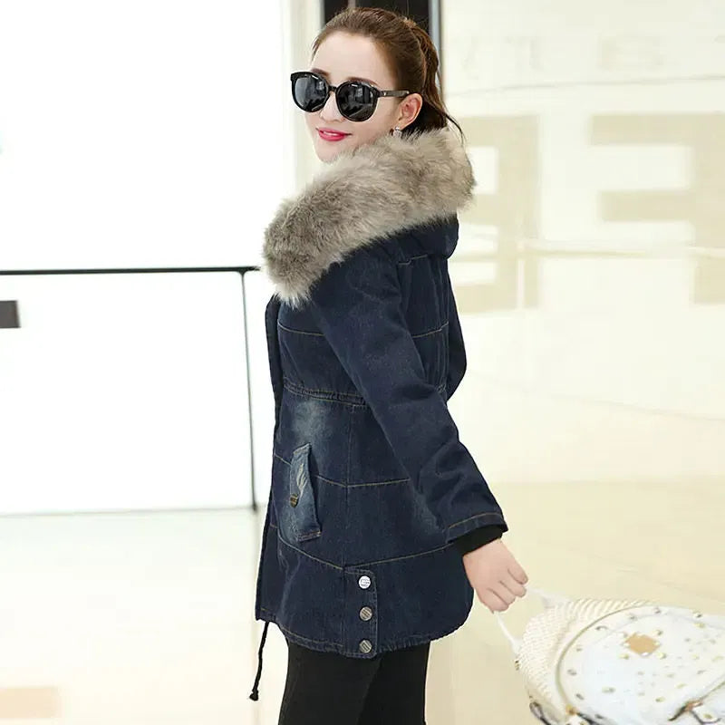 Color: Blue, Size: L - 2019 New Plus Velvet Padded Coat Women Winter Denim Jacket With Large Fur Collar Denim Jacket Hooded Warm Cotton Clothing f1911