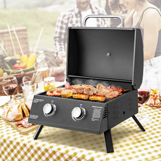 2-Burner Propane Gas Grill 20000 BTU Outdoor Portable with Thermometer - Color: Black