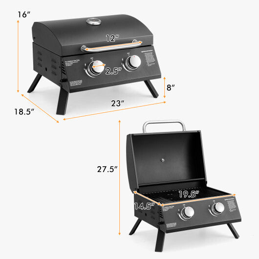 2-Burner Propane Gas Grill 20000 BTU Outdoor Portable with Thermometer - Color: Black