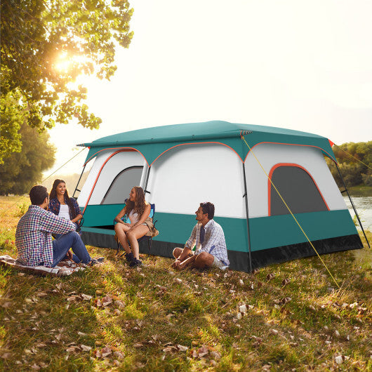 8-10 Person Camping Tent with Double Rooms and 2 Doors-Green - Color: Green