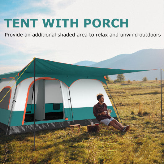8-10 Person Camping Tent with Double Rooms and 2 Doors-Green - Color: Green