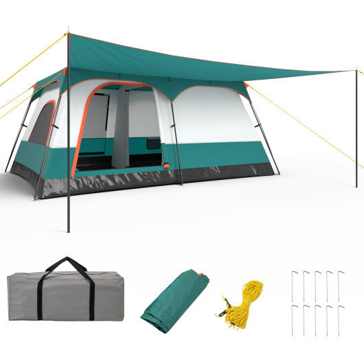 8-10 Person Camping Tent with Double Rooms and 2 Doors-Green - Color: Green