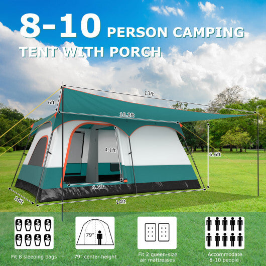 8-10 Person Camping Tent with Double Rooms and 2 Doors-Green - Color: Green