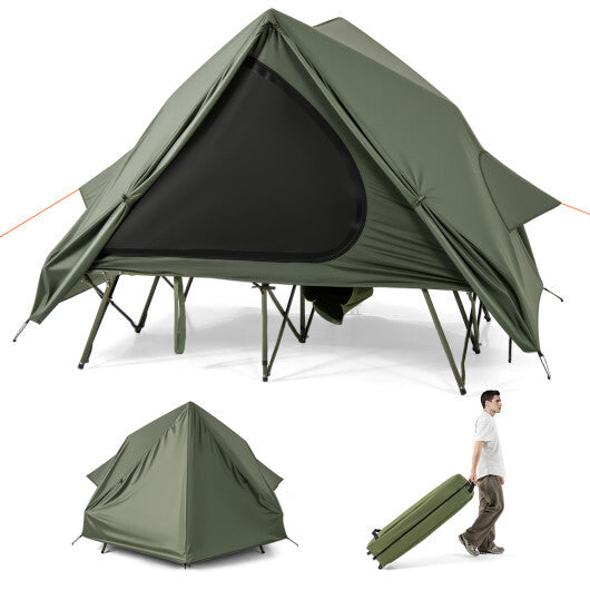 Foldable 2-Person Camping Cot Tent with Pop-up Tent Shelter and Portable Wheeled Bag-Green - Color: Green