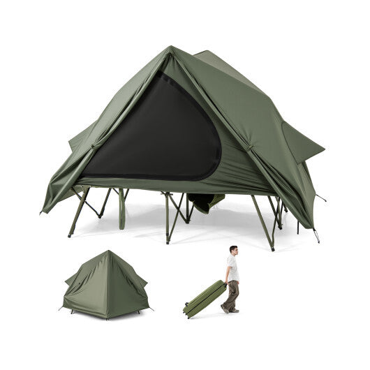 Foldable 2-Person Camping Cot Tent with Pop-up Tent Shelter and Portable Wheeled Bag-Green - Color: Green