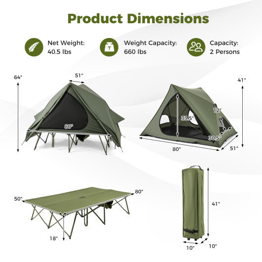 Foldable 2-Person Camping Cot Tent with Pop-up Tent Shelter and Portable Wheeled Bag-Green - Color: Green
