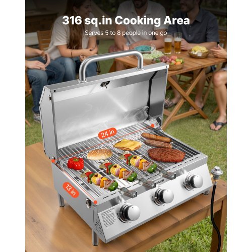 Tabletop Gas Grill, 3-Burner Stainless Steel Portable Propane Grill, with Built-in Thermometer, Travel Locks, Weatherproof Lid, 22,500 BTU Total, for Outdoor Cooking, Patio, Party, Camping, RV