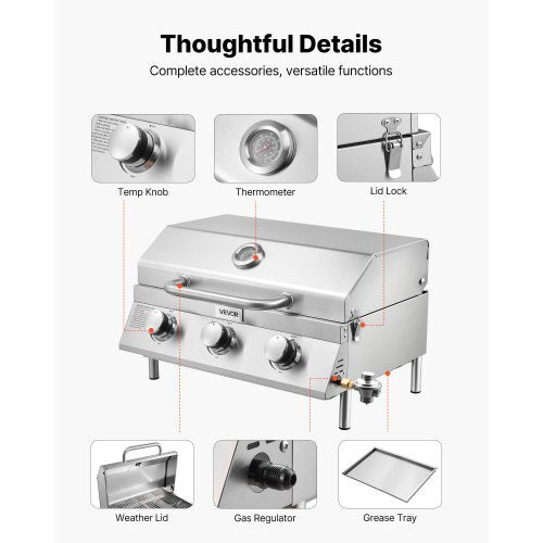 Tabletop Gas Grill, 3-Burner Stainless Steel Portable Propane Grill, with Built-in Thermometer, Travel Locks, Weatherproof Lid, 22,500 BTU Total, for Outdoor Cooking, Patio, Party, Camping, RV