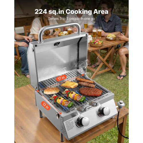 Tabletop Gas Grill, 2-Burner Stainless Steel Portable Propane Grill, with Built-in Thermometer, Travel Locks, Weatherproof Lid, 15,000 BTU Total, for Outdoor Cooking, Patio, Party, Camping, RV