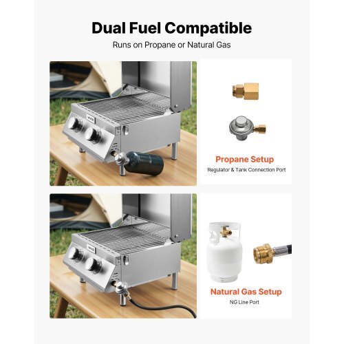 Tabletop Gas Grill, 2-Burner Stainless Steel Portable Propane Grill, with Built-in Thermometer, Travel Locks, Weatherproof Lid, 15,000 BTU Total, for Outdoor Cooking, Patio, Party, Camping, RV