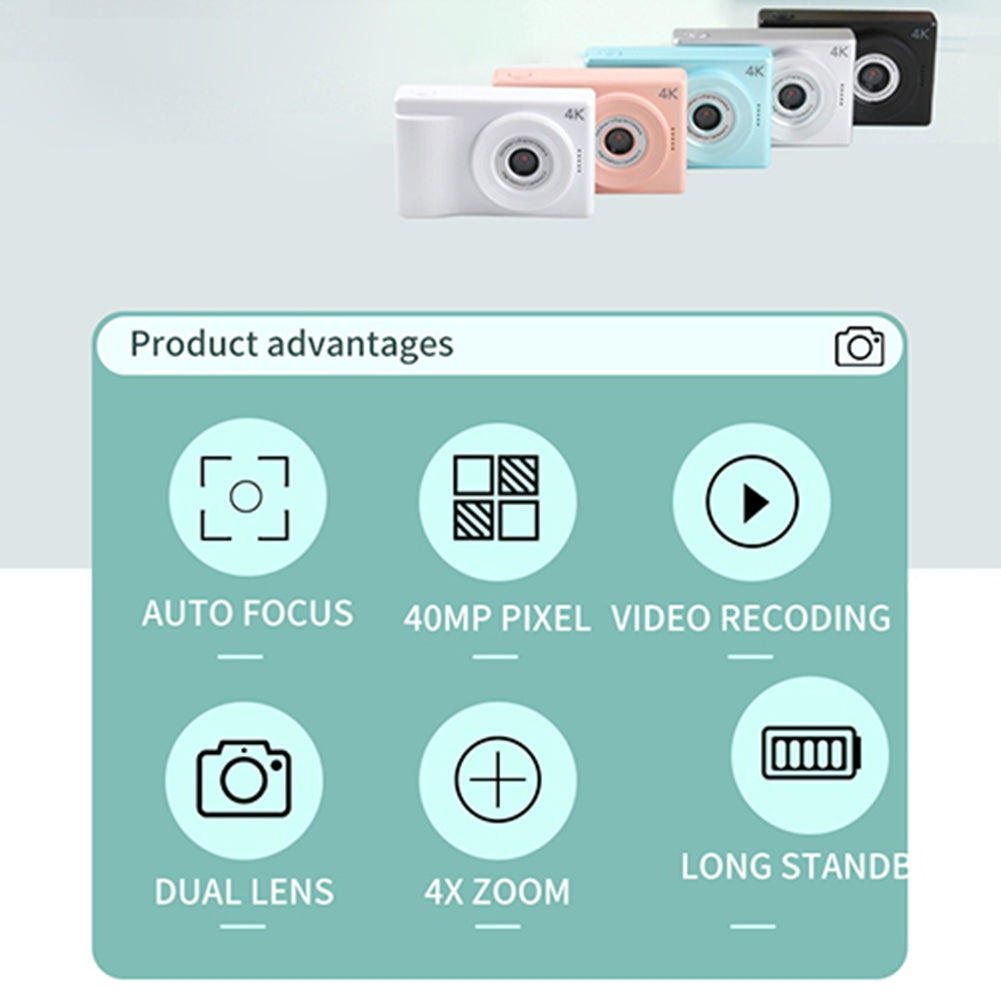 40MP Kids Digital Camera Video Recorder 1080P Ips 2.4 Inch Screen Silver with Stand