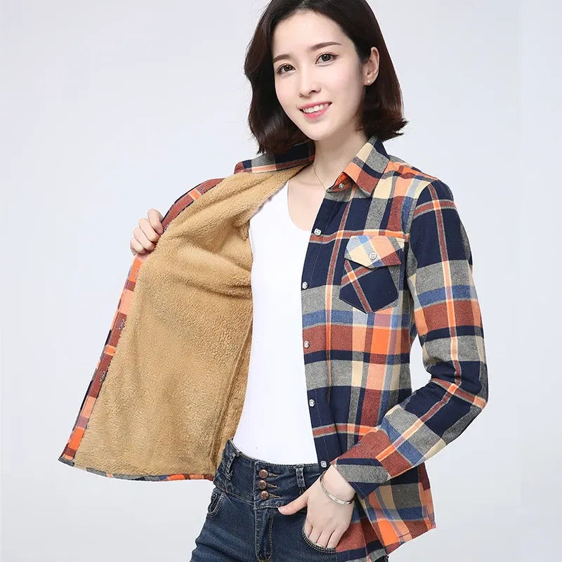 Color: Gold, Size: XXXL - 2025 Winter New Women's Warm Plaid Shirt Coat Casual Fleece Velvet Plus Thicke Jacket Tops College Style Woman Clothes Outerwear