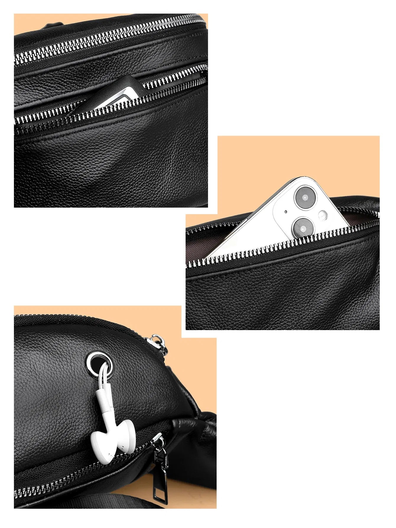 Color: black - VC Simple Black Men's Genuine Leather Fanny Pack Lightweight Sports Waist Bag for Men Belt Pouch Phone Chest Bags Male Small Bag