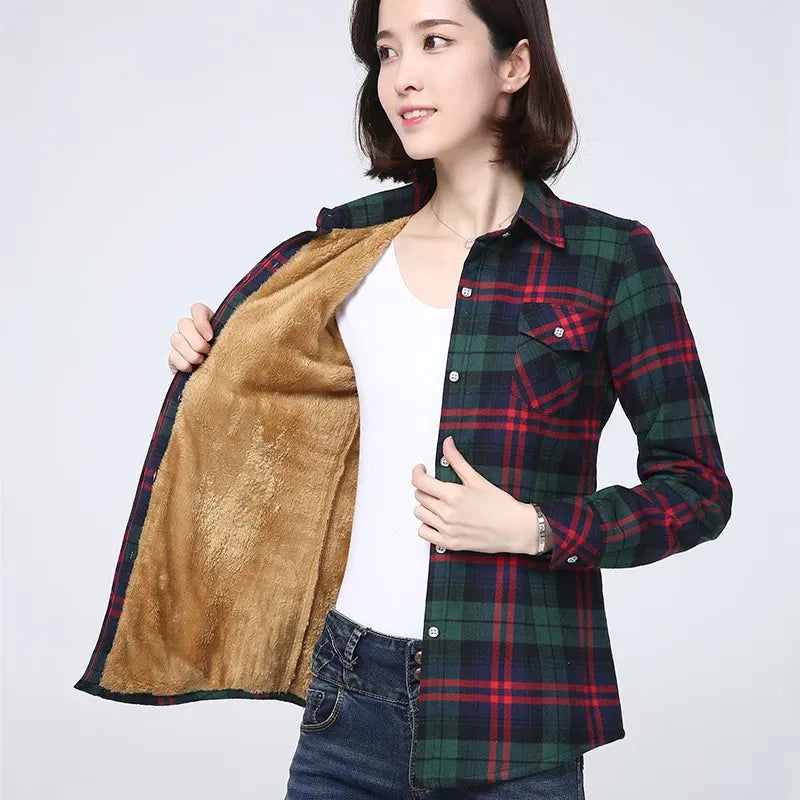 Color: GRAY, Size: L - 2025 Winter New Women's Warm Plaid Shirt Coat Casual Fleece Velvet Plus Thicke Jacket Tops College Style Woman Clothes Outerwear