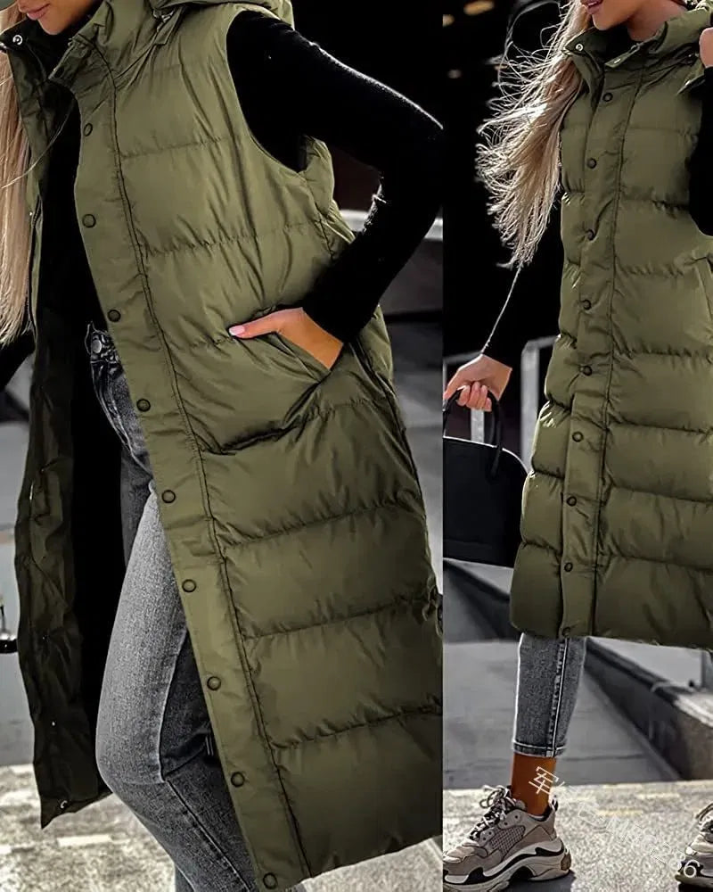 Color: army green, Size: XL - Hooded Zipper Jacket Women Oversize Waistcoat Winter Outerwear Hooded Parka Fashion Quilted Vest Casual
