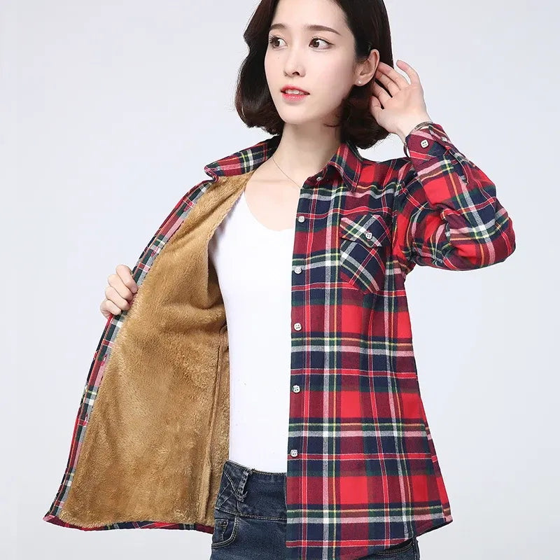 Color: GRAY, Size: L - 2025 Winter New Women's Warm Plaid Shirt Coat Casual Fleece Velvet Plus Thicke Jacket Tops College Style Woman Clothes Outerwear