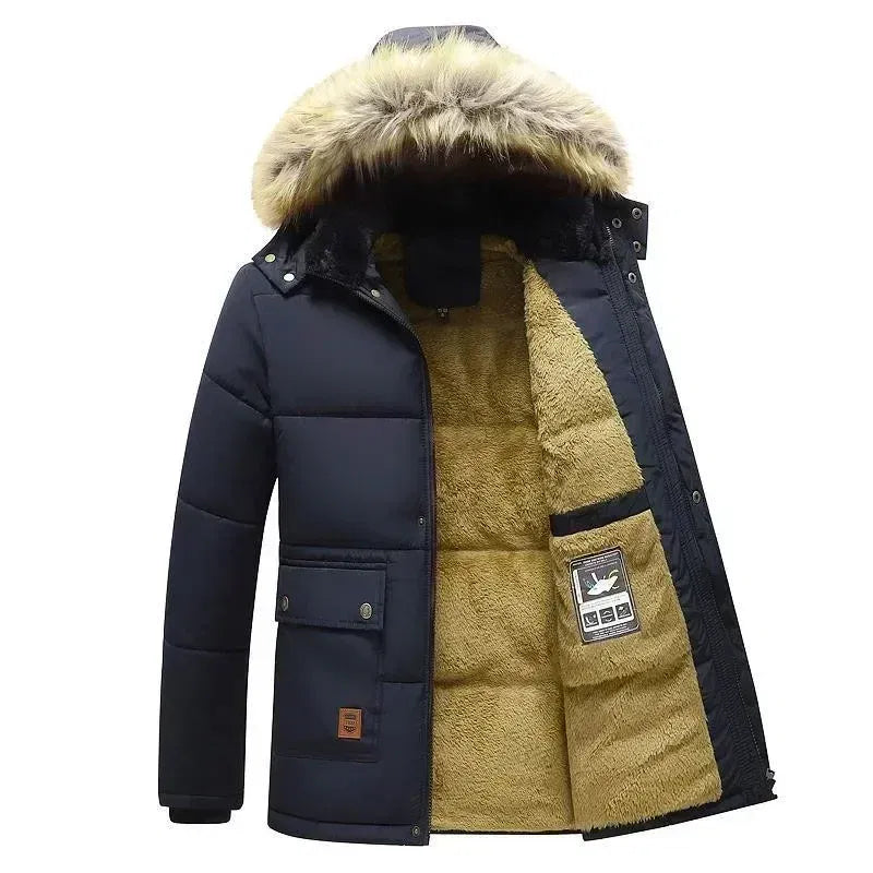 Color: black, Size: XXXL - 2024 New Men Winter Autumn Work Outwearing Parka Black Fleece Lined Thick Warm Hooded Fur Collar Coat Male Size 5XL Plush Jacket
