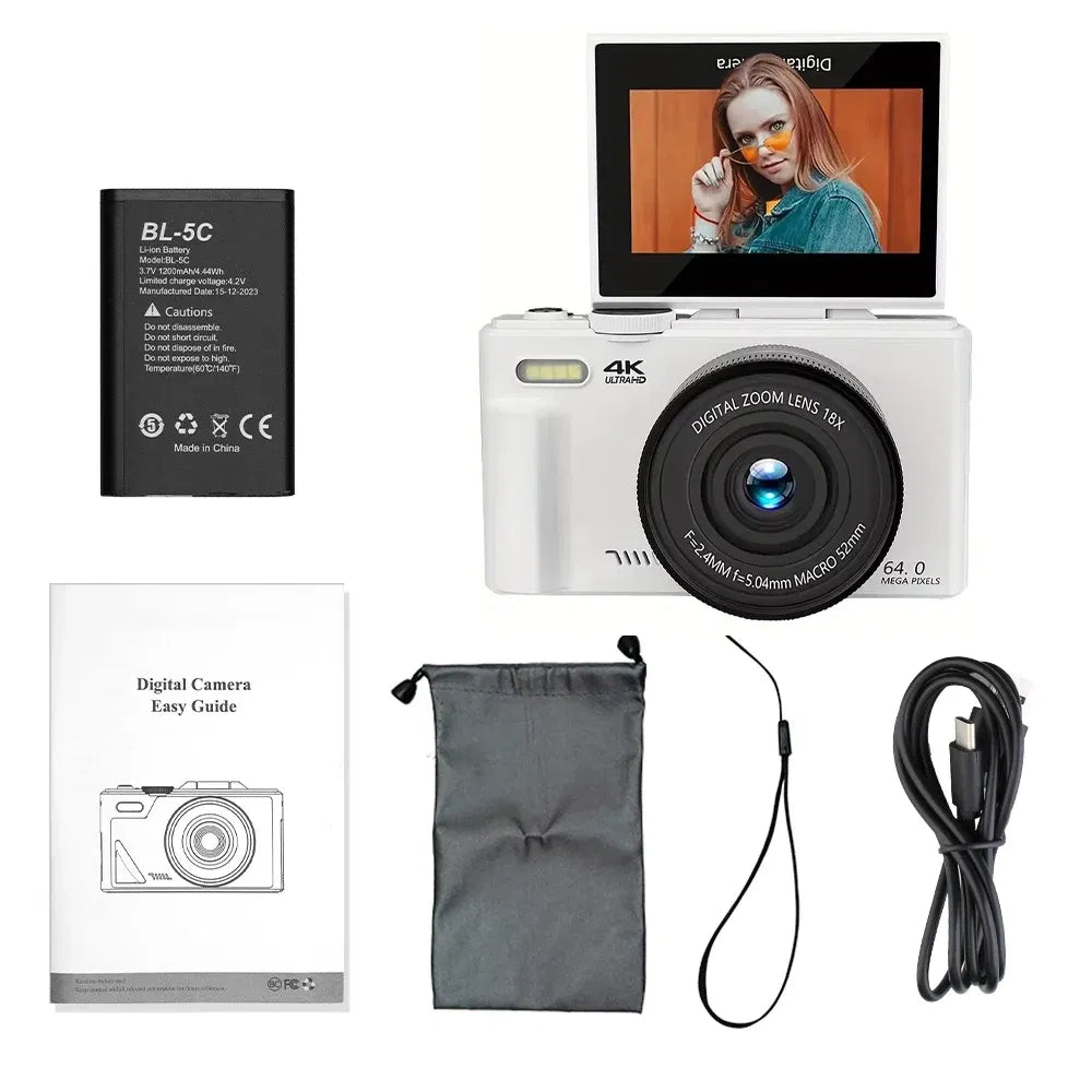 Bundle: Bundle1, Color: WHITE, Ships From: CHINA - Top Compact Digital Photography Camera 4K 18X Digital Zoom Vintage Vlog Video Recorder YouTube 180? Flip Screen Selfile WiFi