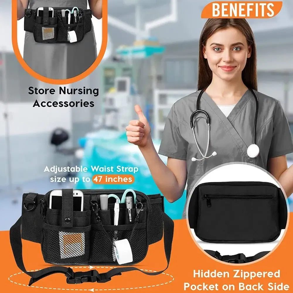 Color: SKY BLUE - Adjustable Nurse Fanny Pack Portable Large Capacity Polyester Nurse Pouch Waist Bag Multi Compartment Pocket Belt Organizer