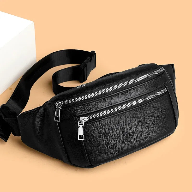 Color: black - VC Simple Black Men's Genuine Leather Fanny Pack Lightweight Sports Waist Bag for Men Belt Pouch Phone Chest Bags Male Small Bag