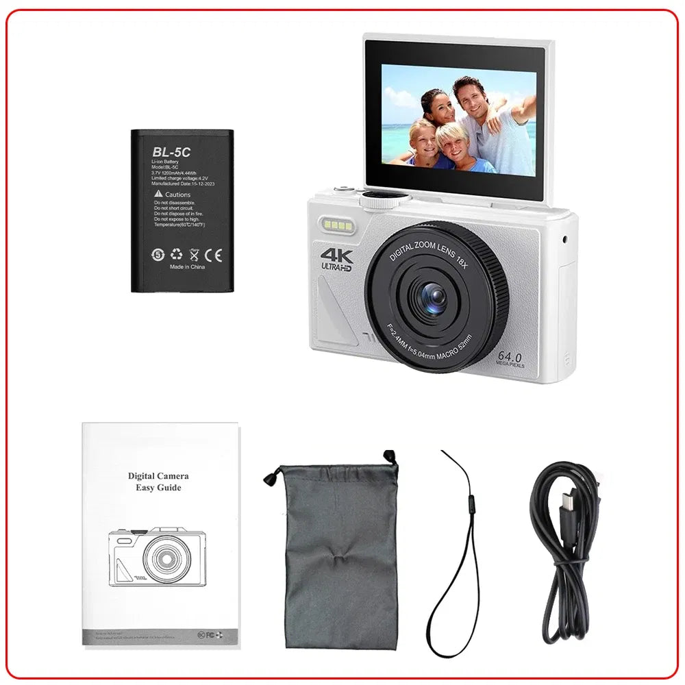 Bundle: Bundle1, Color: WHITE, Ships From: CHINA - Top Compact Digital Photography Camera 4K 18X Digital Zoom Vintage Vlog Video Recorder YouTube 180? Flip Screen Selfile WiFi