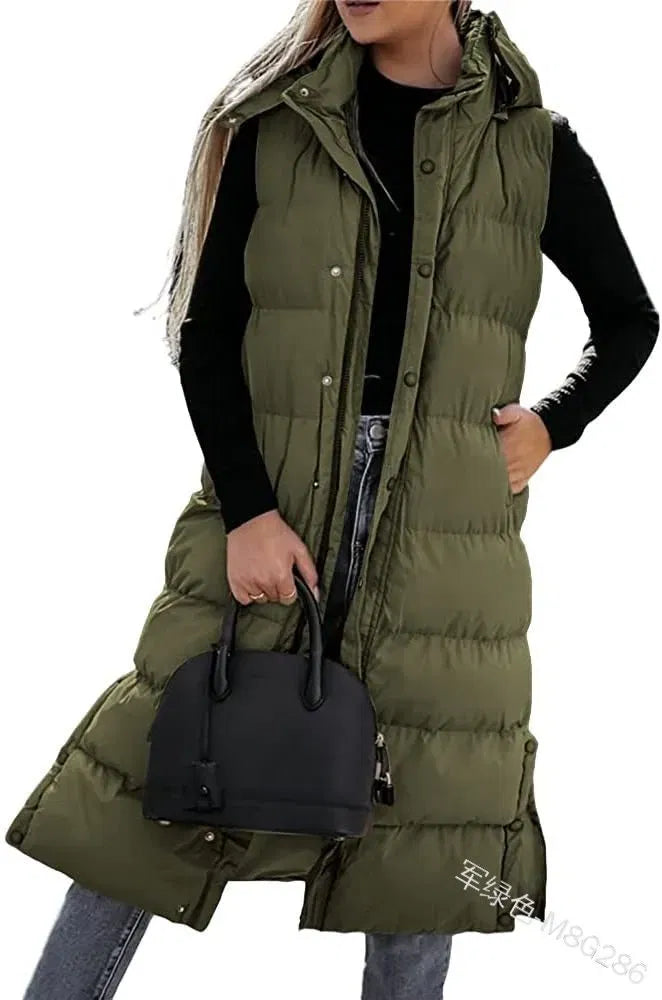 Color: army green, Size: XL - Hooded Zipper Jacket Women Oversize Waistcoat Winter Outerwear Hooded Parka Fashion Quilted Vest Casual