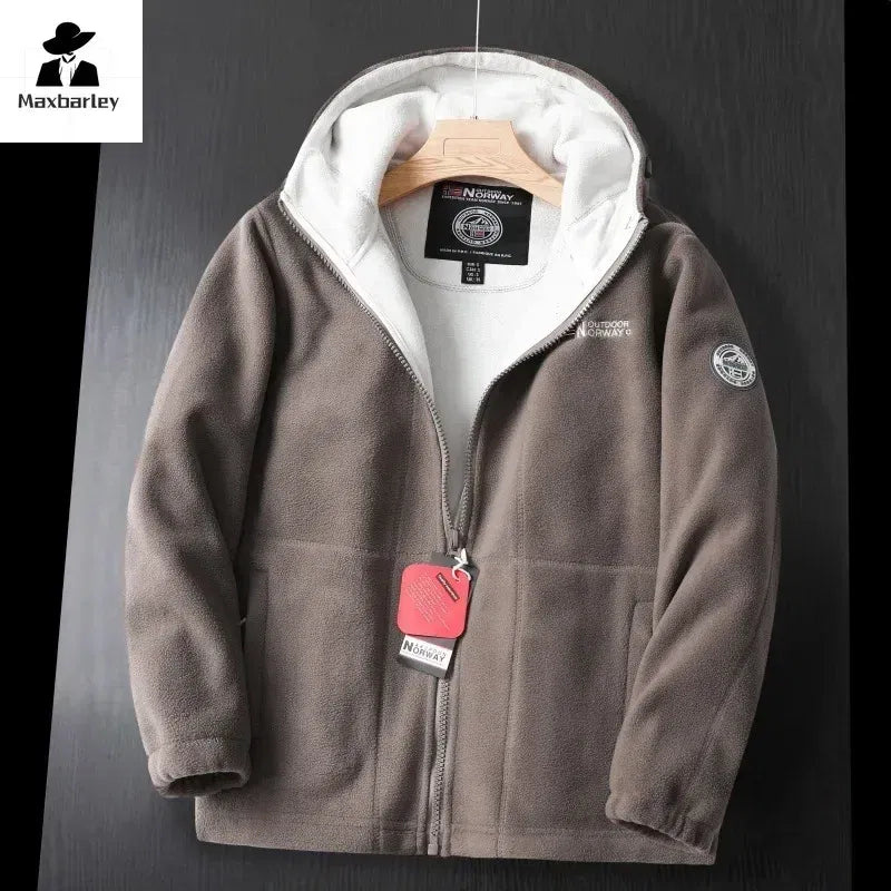 Color: Khaki, Size: XL - Winter Wool Jacket Men's High-end Embroidered Thickened Fleece Windproof Jacket Outdoor Snow Cold-proof Men's Warm Hooded Coat