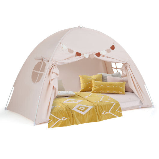 Twin Size Indoor Canopy Tent for Kids with 2 Window and Suits 3+-Beige - Color: Beige