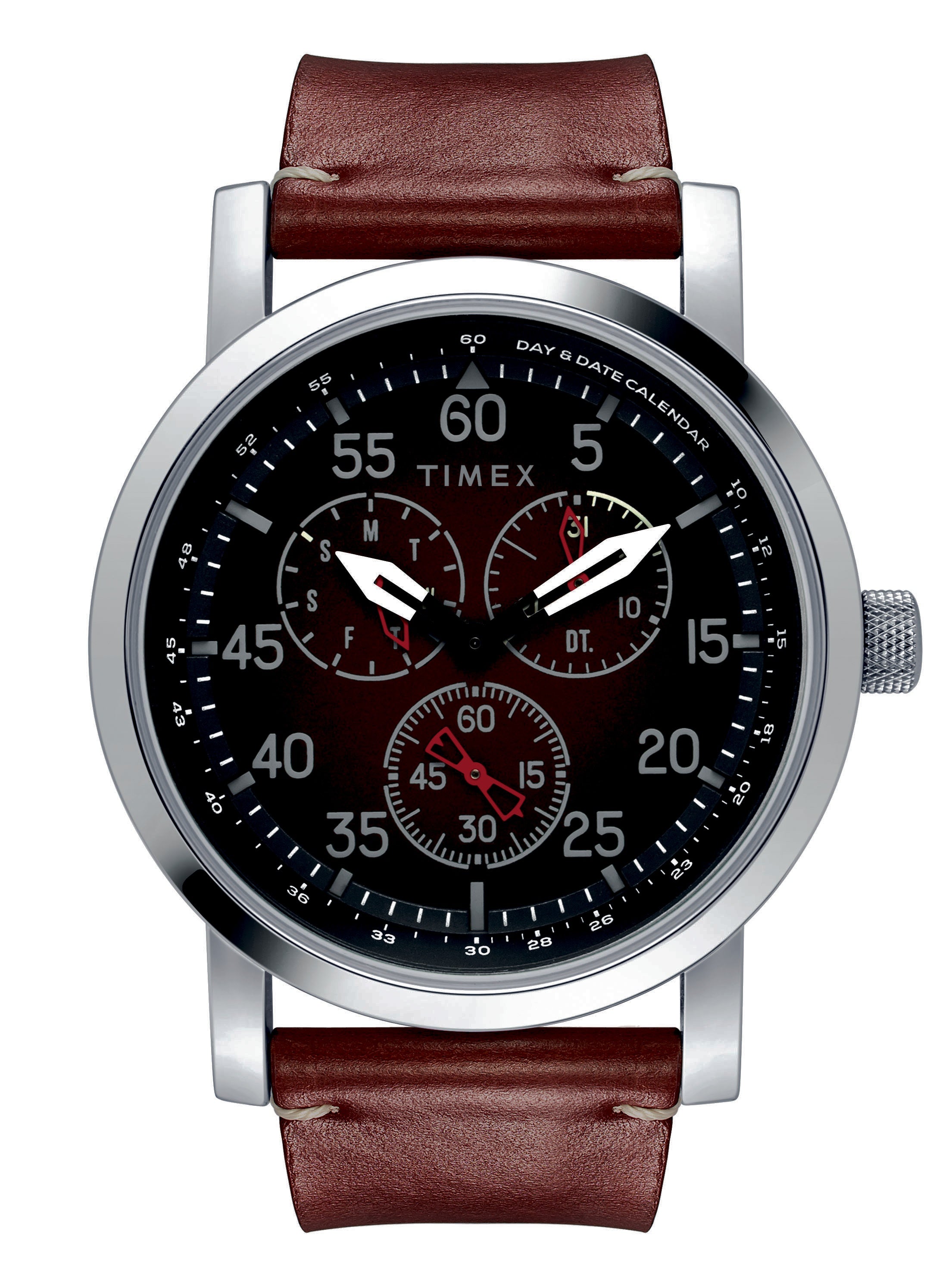 Timex Men's 44mm Silver-tone Case/Blk Dial Leather Strap Watch