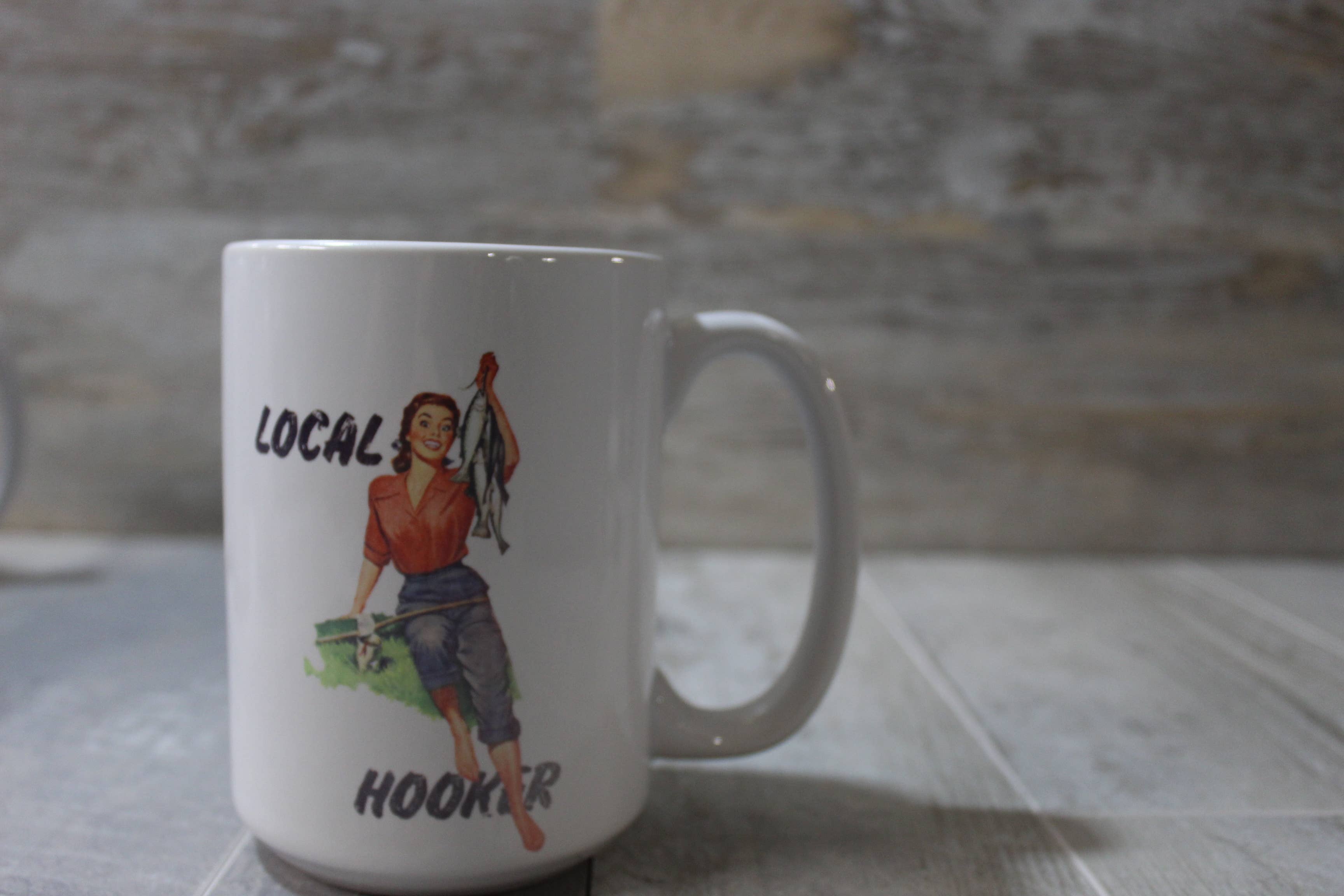 Local Hooker Fishing // 15 Oz. Ceramic Mug: Black Handle