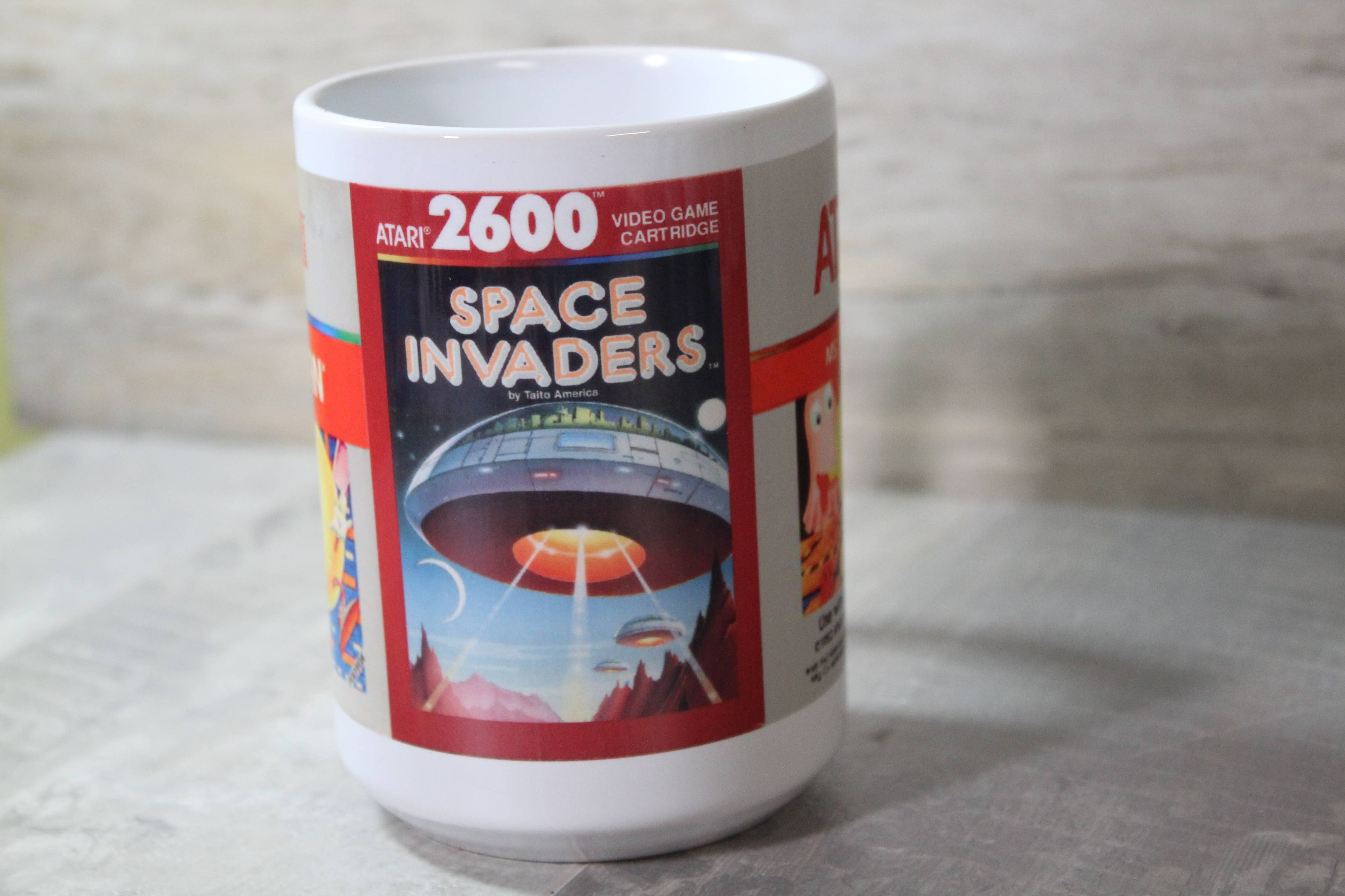 Retro Gaming Pacman, Space Invaders // 15 Oz. Ceramic Mug: Black Handle