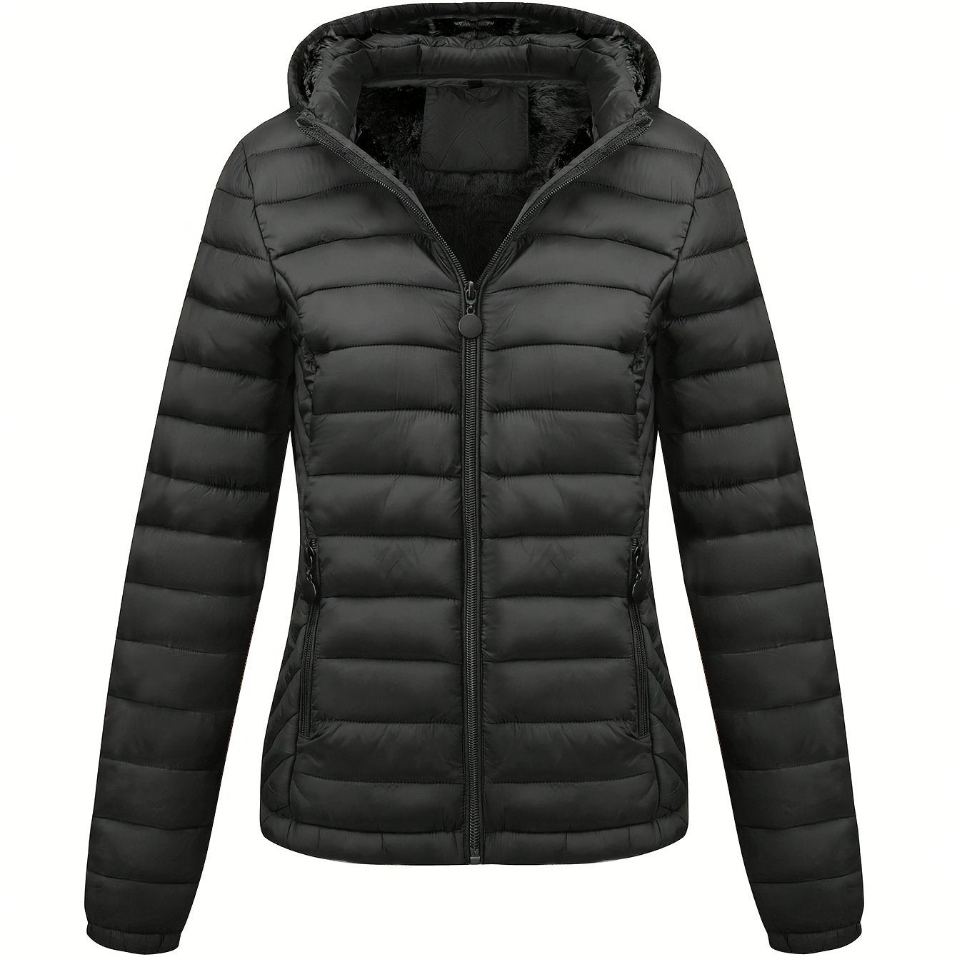 Color: Black, Size: L - Women's Lightweight Hooded Winter Jacket Nylon Material