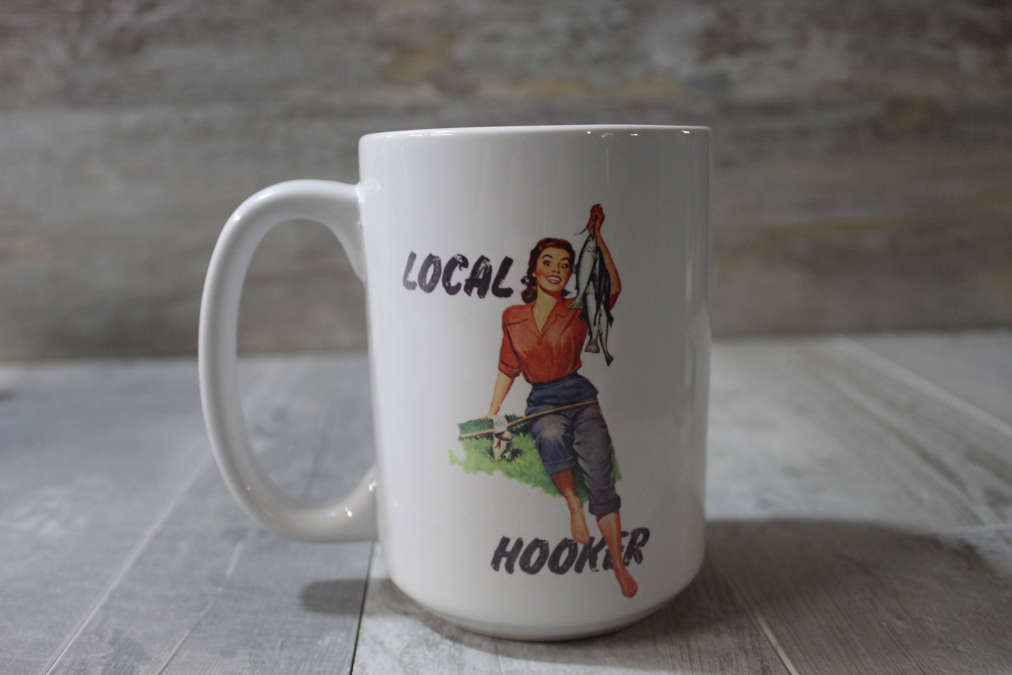 Local Hooker Fishing // 15 Oz. Ceramic Mug: Black Handle